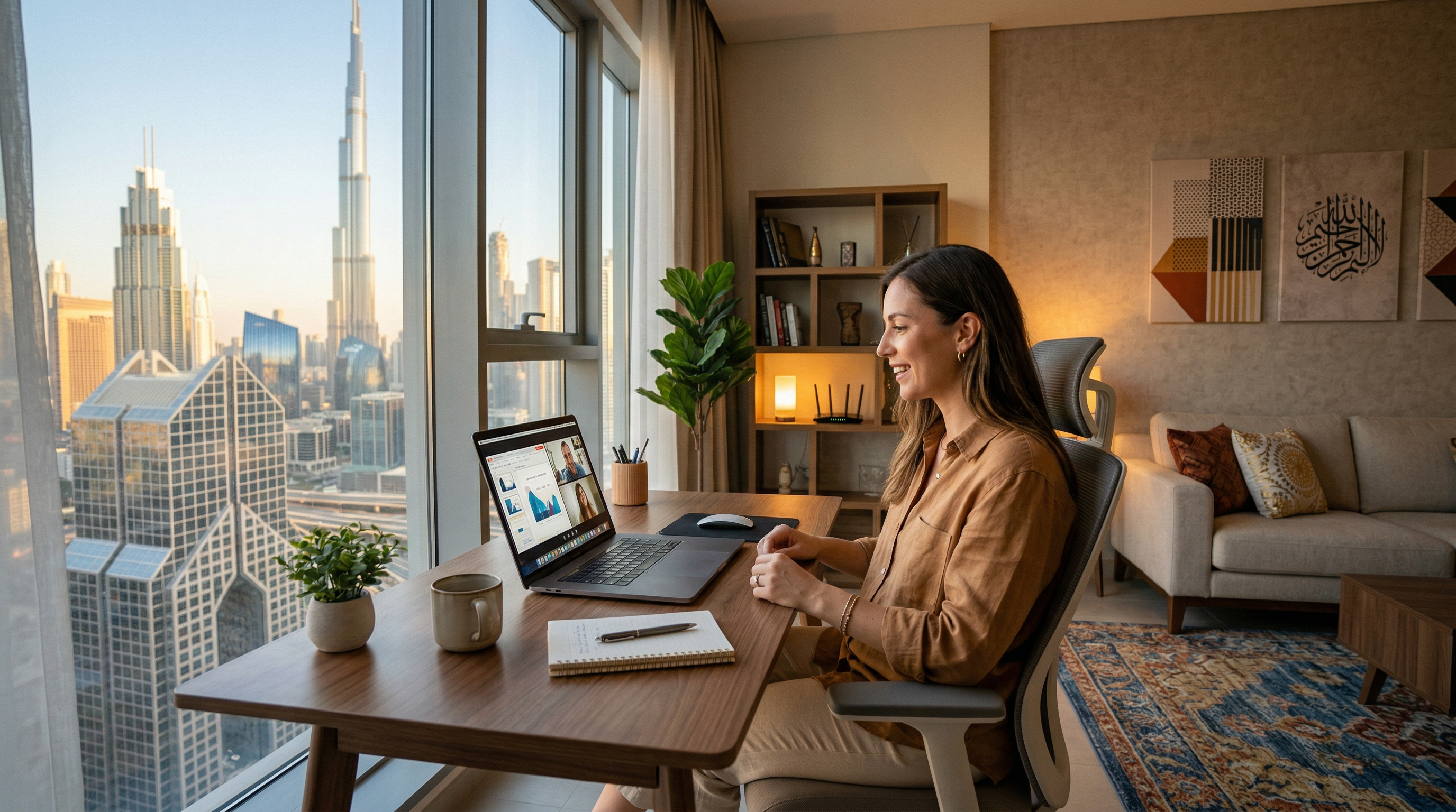 Guest working from a stylish Dubai short-stay apartment with reliable Wi-Fi