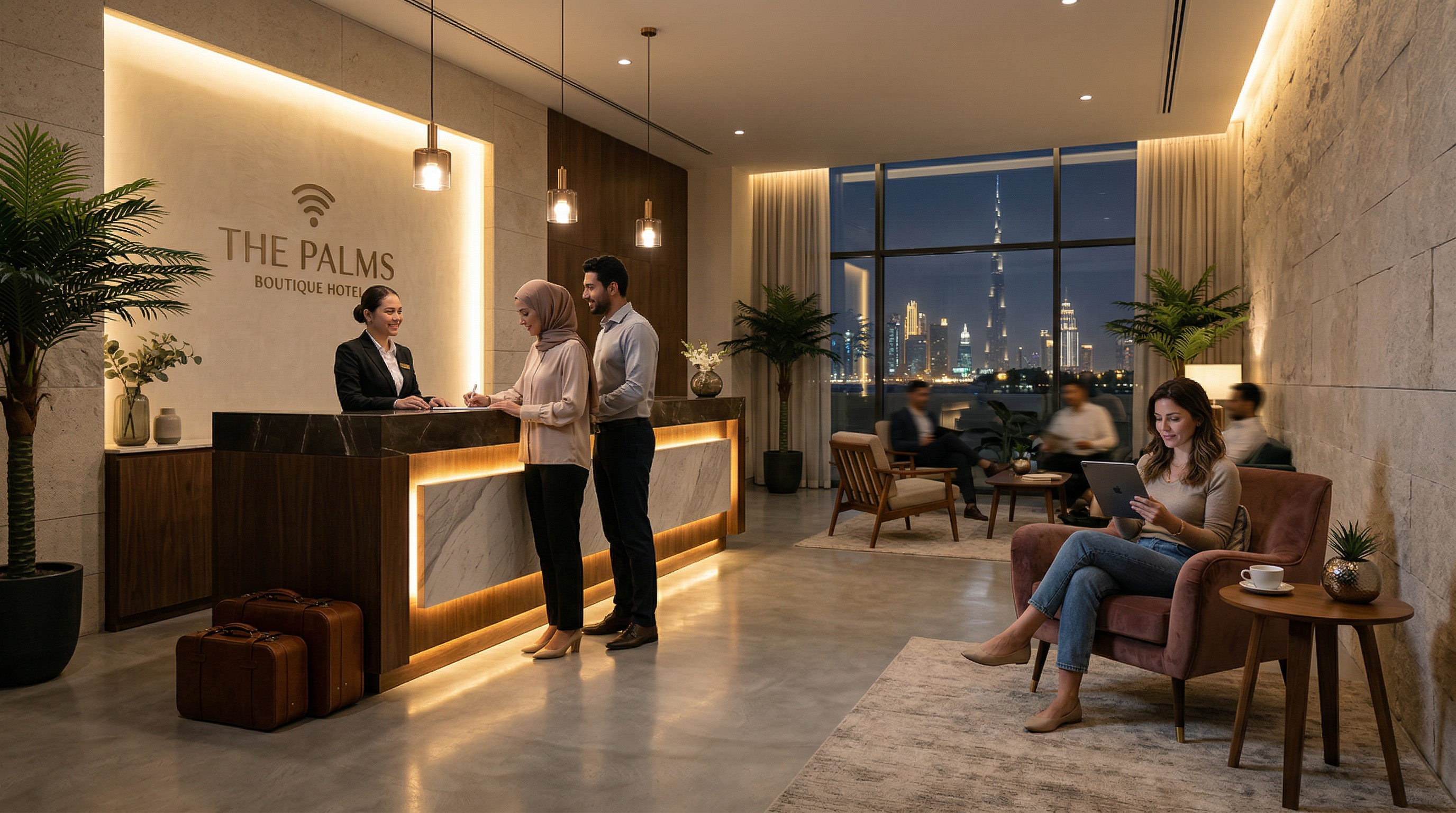 Boutique hotel lobby with guests using devices on reliable Wi-Fi