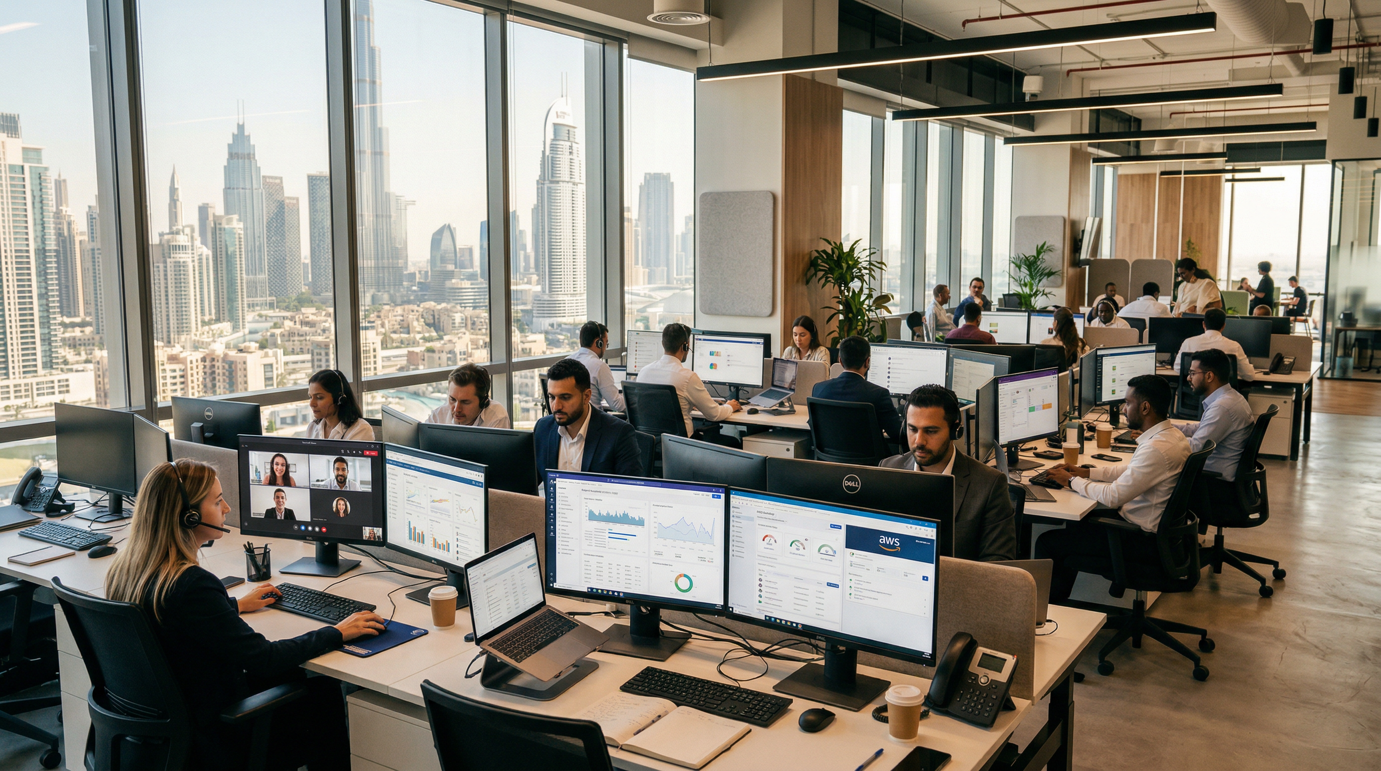 Modern office team using video conferencing and cloud applications